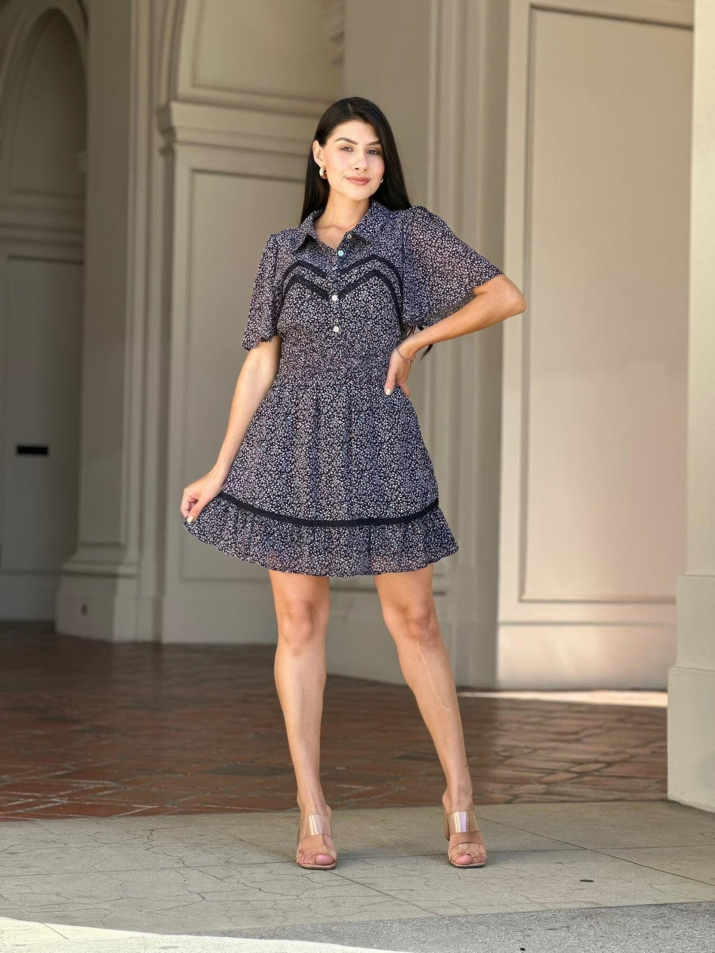 Floral Print Saffy Lace Smocking Waist Mini Dress