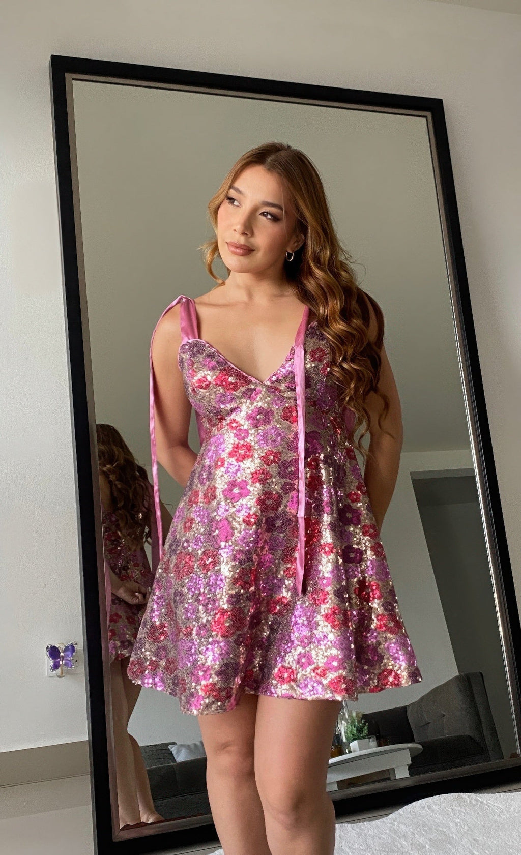 Women's Sequin Floral Mini Dress    Ties On Shoulders