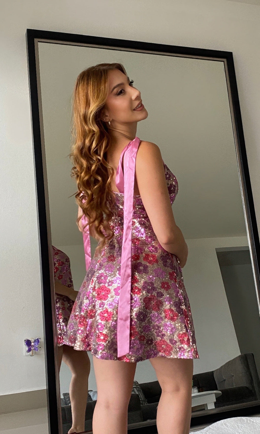 Women's Sequin Floral Mini Dress    Ties On Shoulders