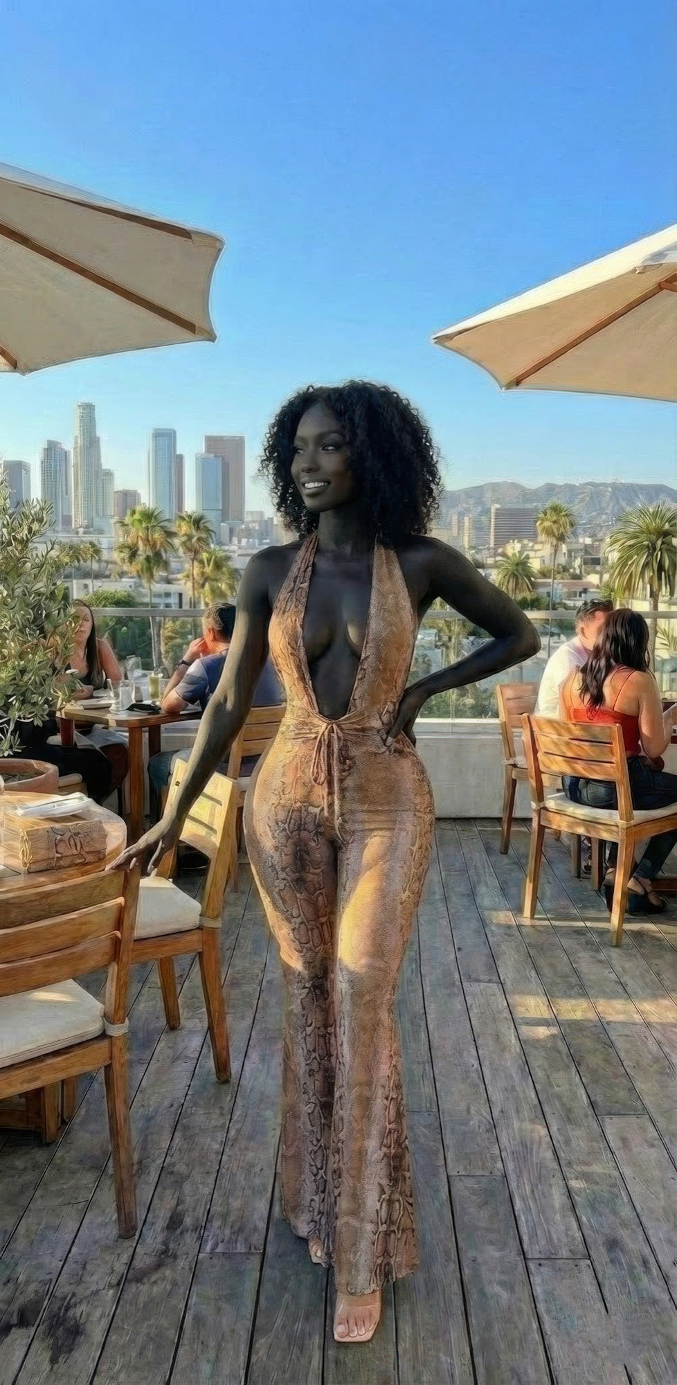 Snake Print Tie Open Back Jumpsuit