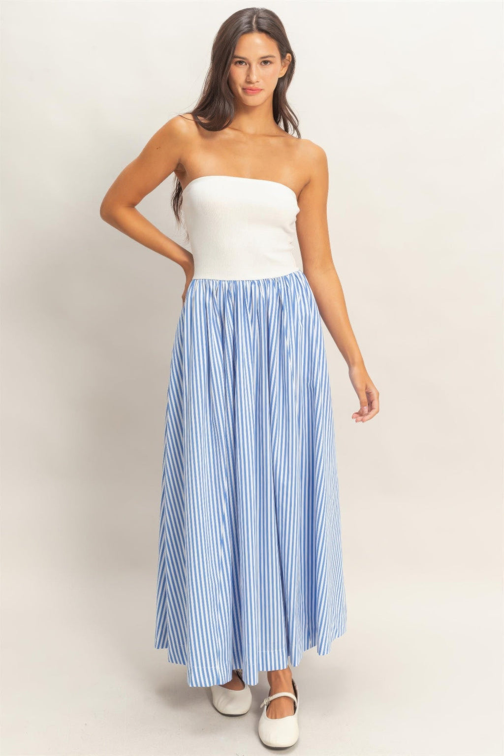Striped Strapless Flowy Midi Dress