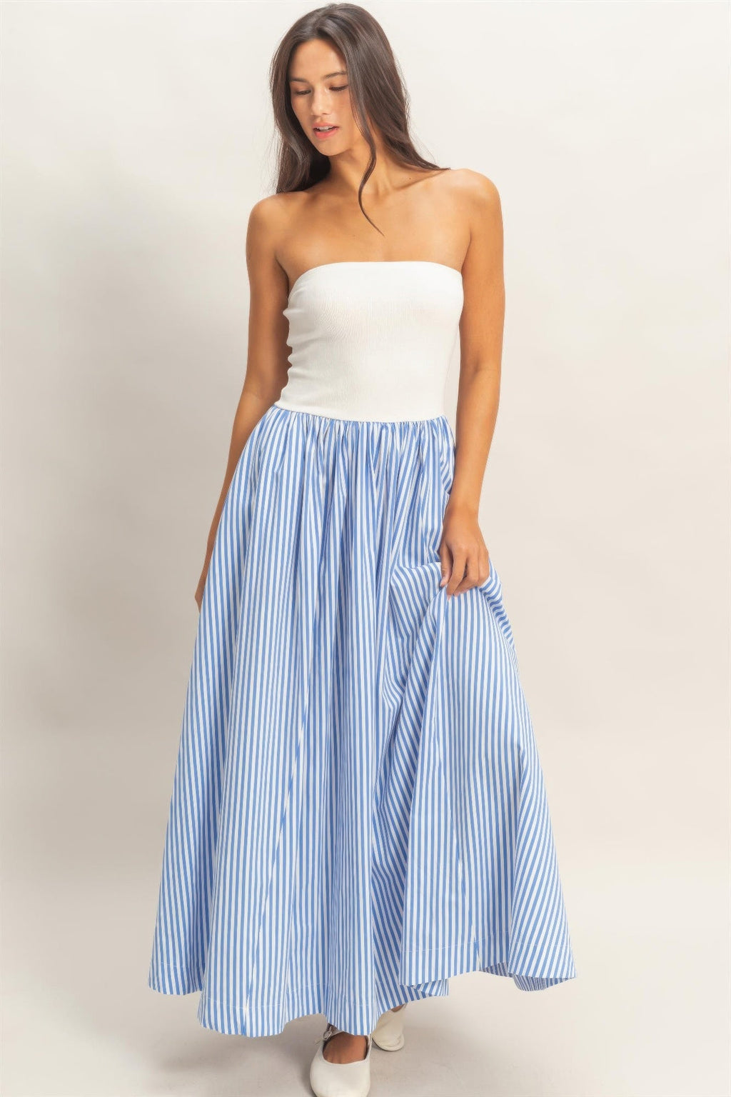 Striped Strapless Flowy Midi Dress