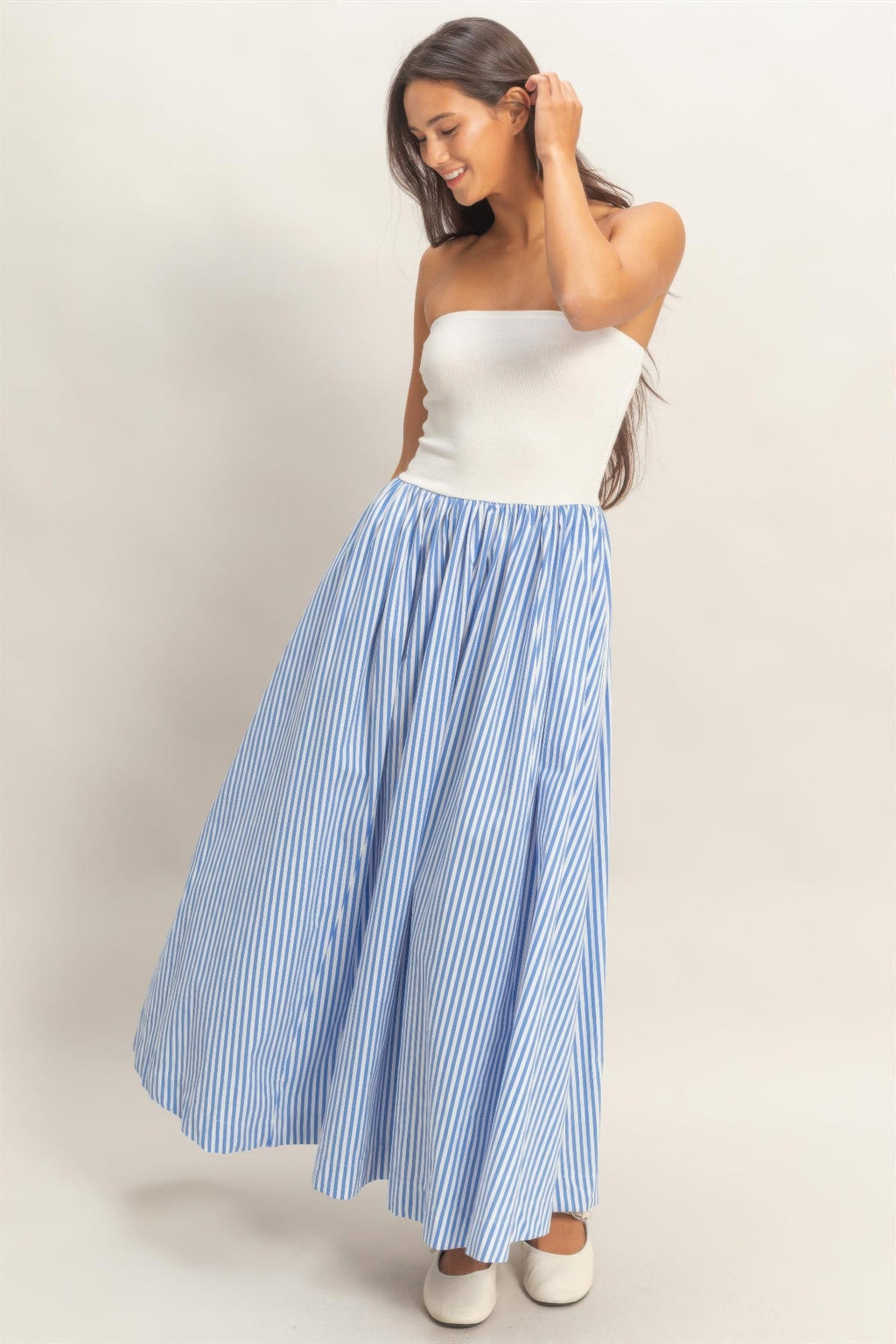 Striped Strapless Flowy Midi Dress