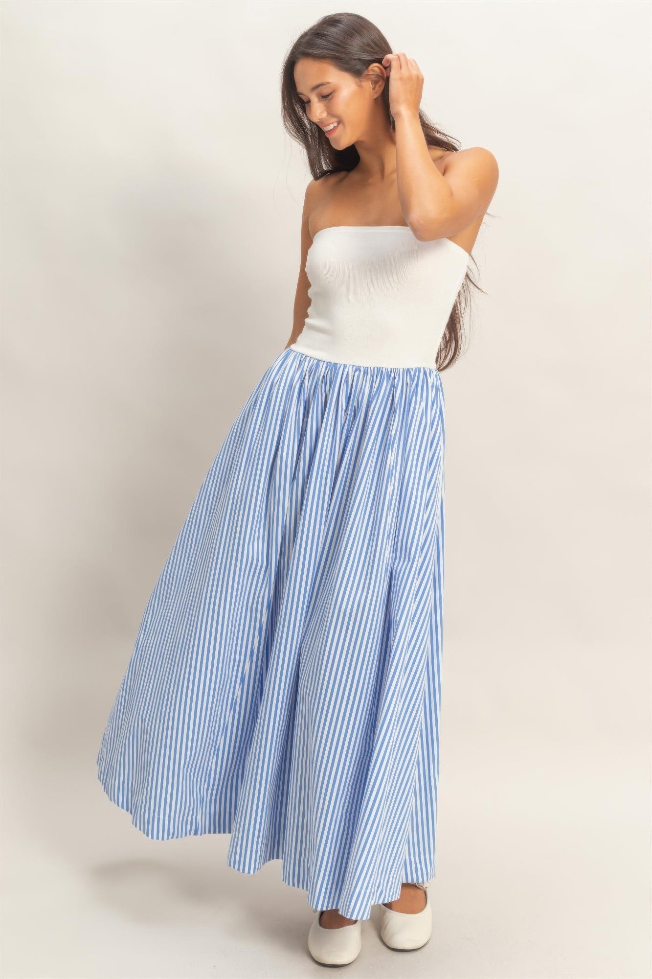 Striped Strapless Flowy Midi Dress