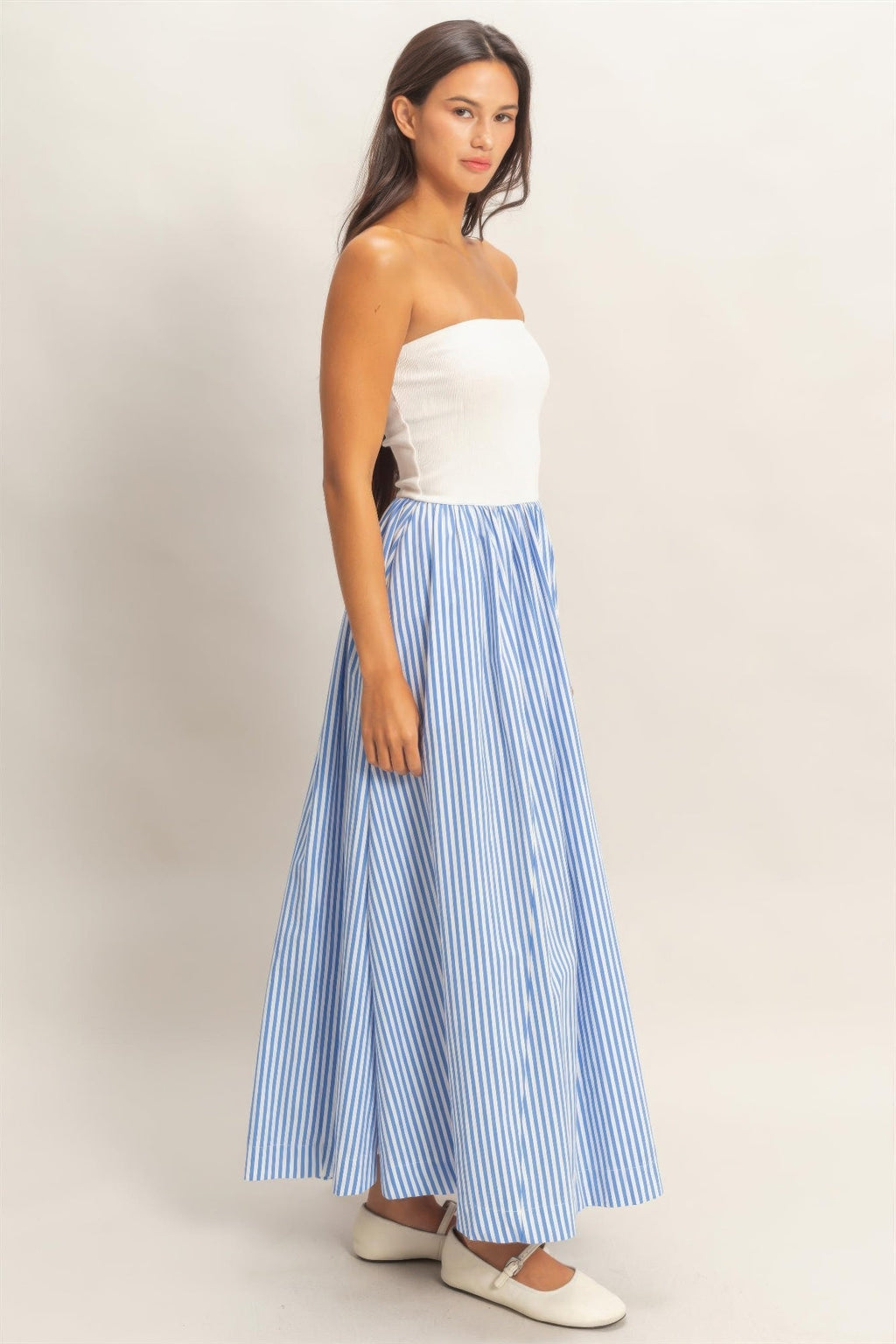 Striped Strapless Flowy Midi Dress