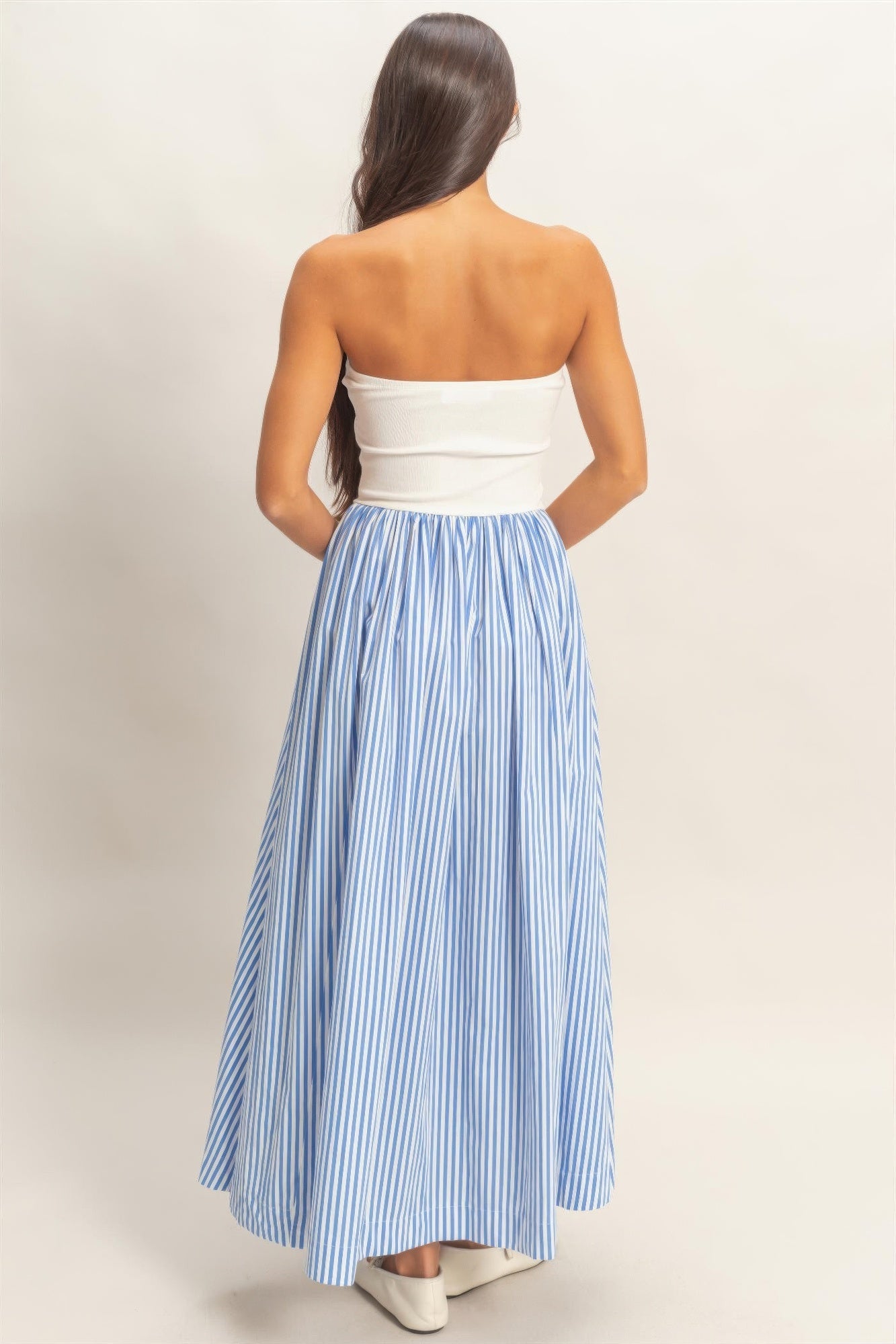 Striped Strapless Flowy Midi Dress
