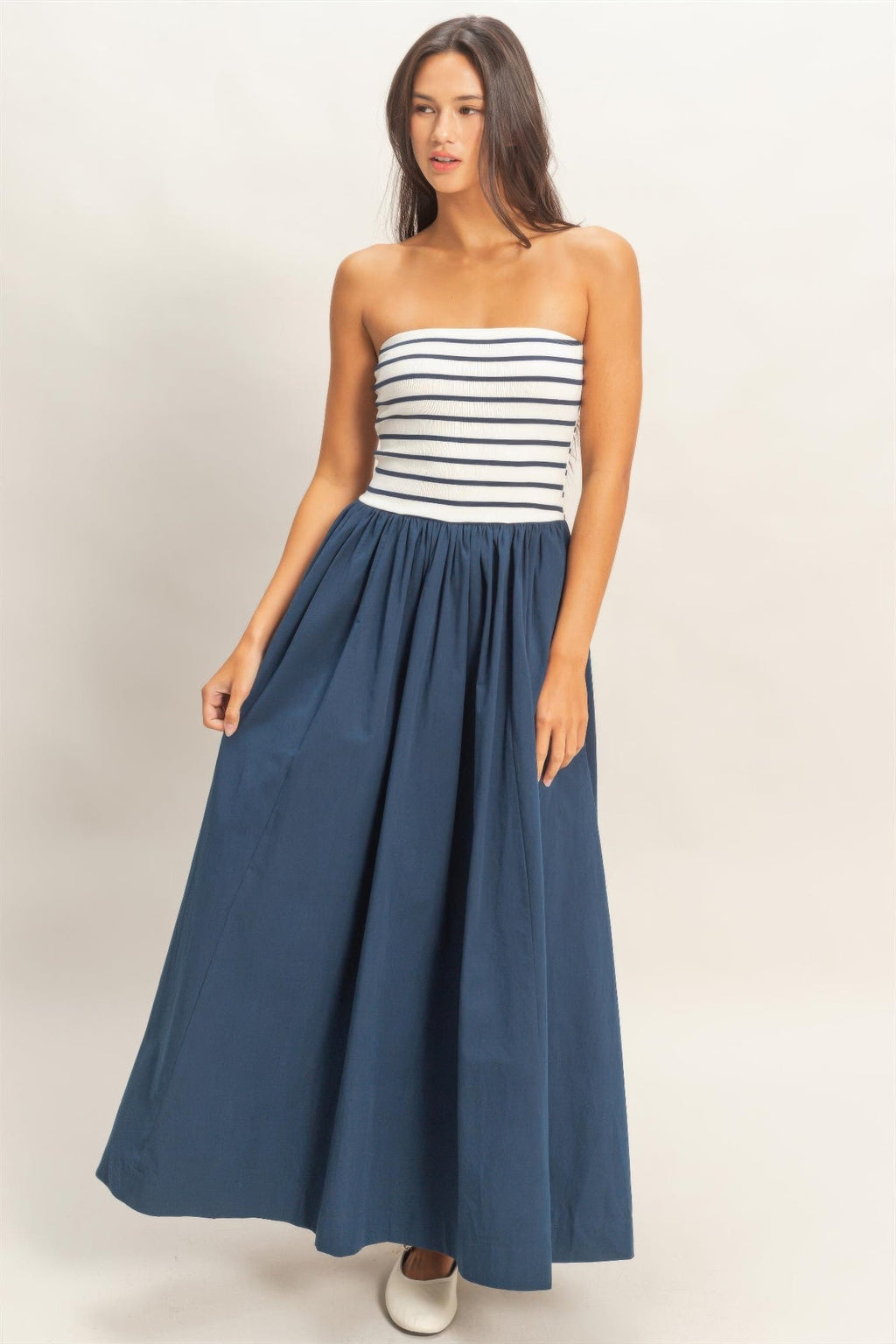 Striped Strapless Flowy Midi Dress