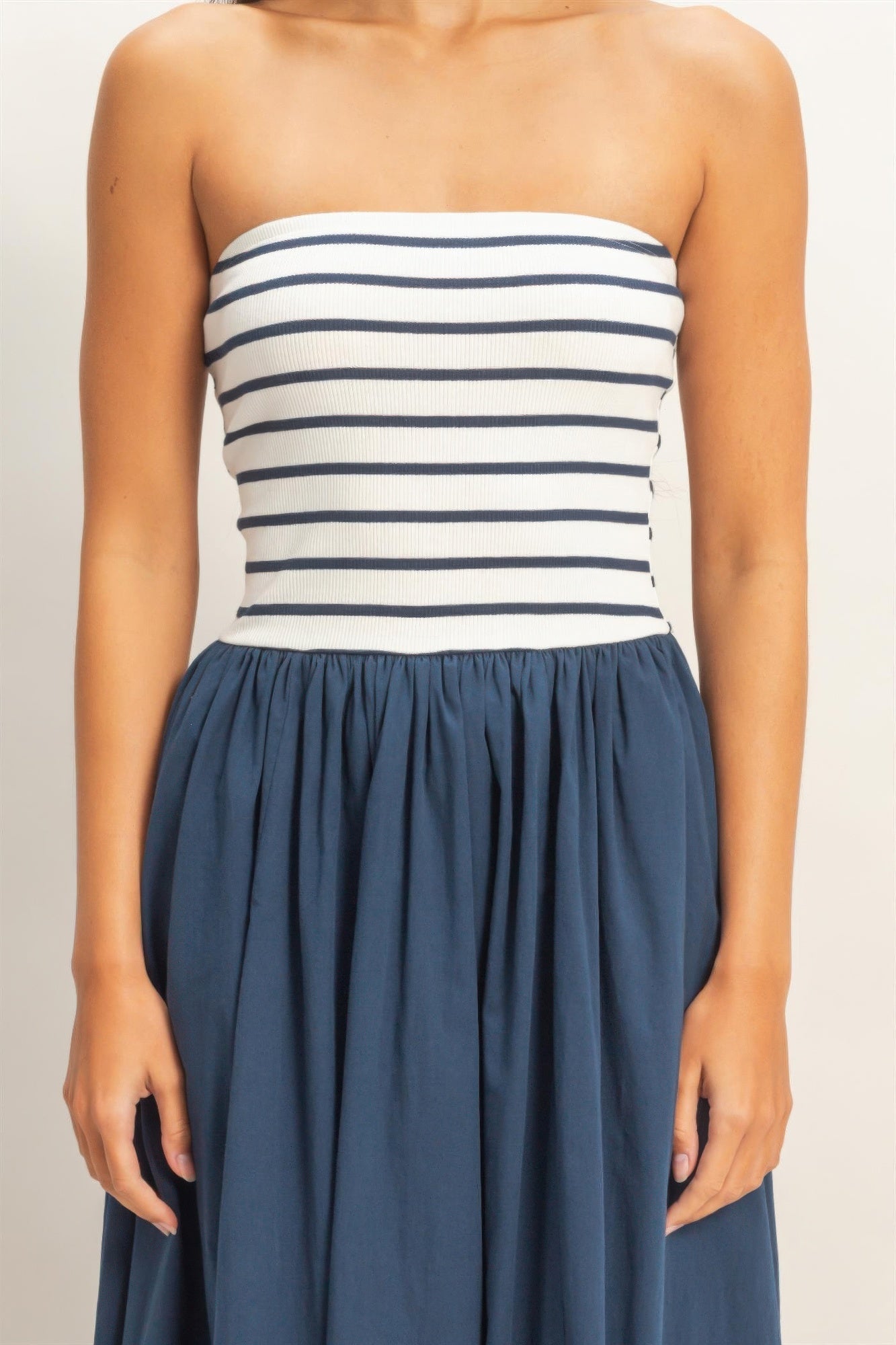 Striped Strapless Flowy Midi Dress