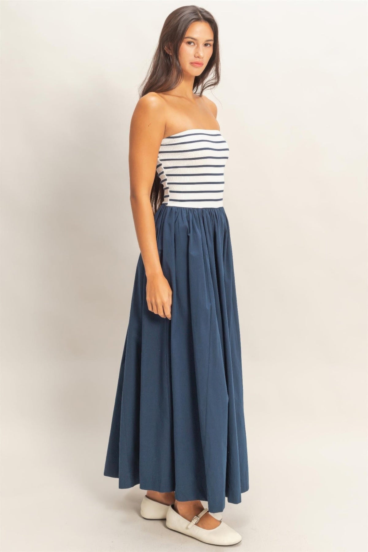 Striped Strapless Flowy Midi Dress