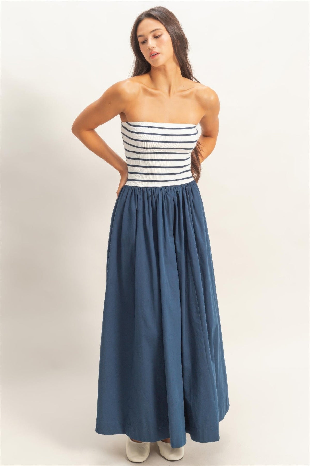 Striped Strapless Flowy Midi Dress