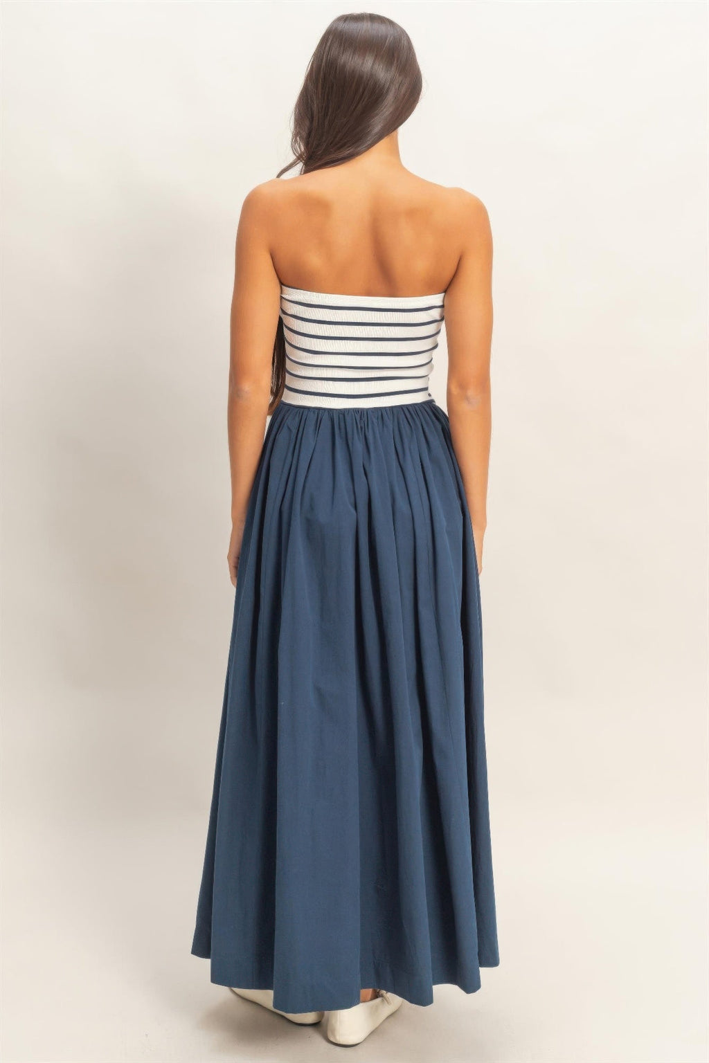 Striped Strapless Flowy Midi Dress