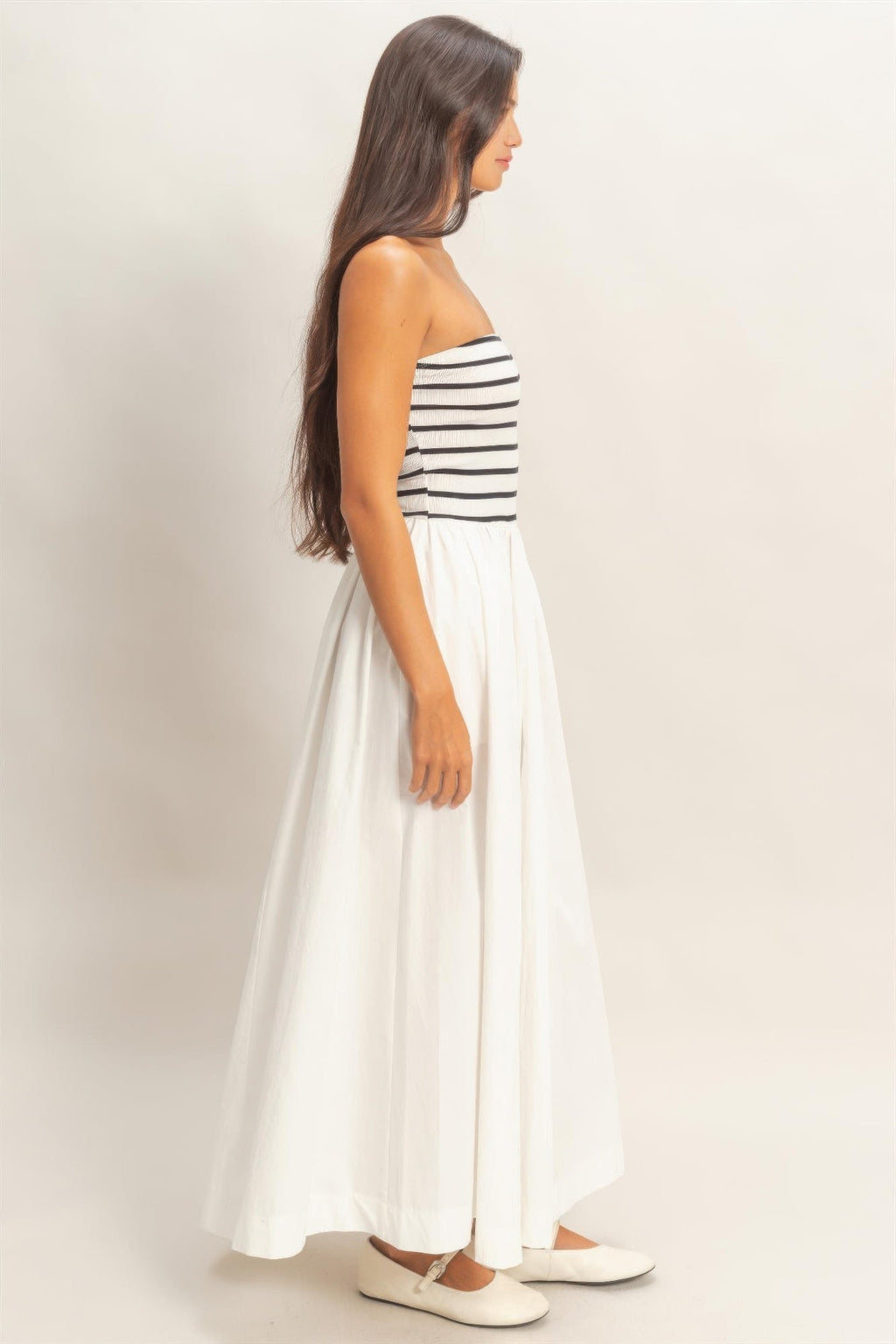 Striped Strapless Flowy Midi Dress