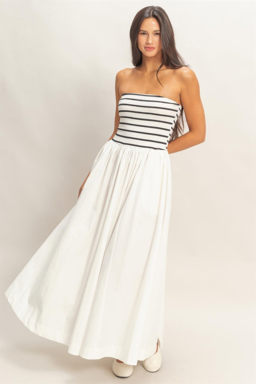 Striped Strapless Flowy Midi Dress