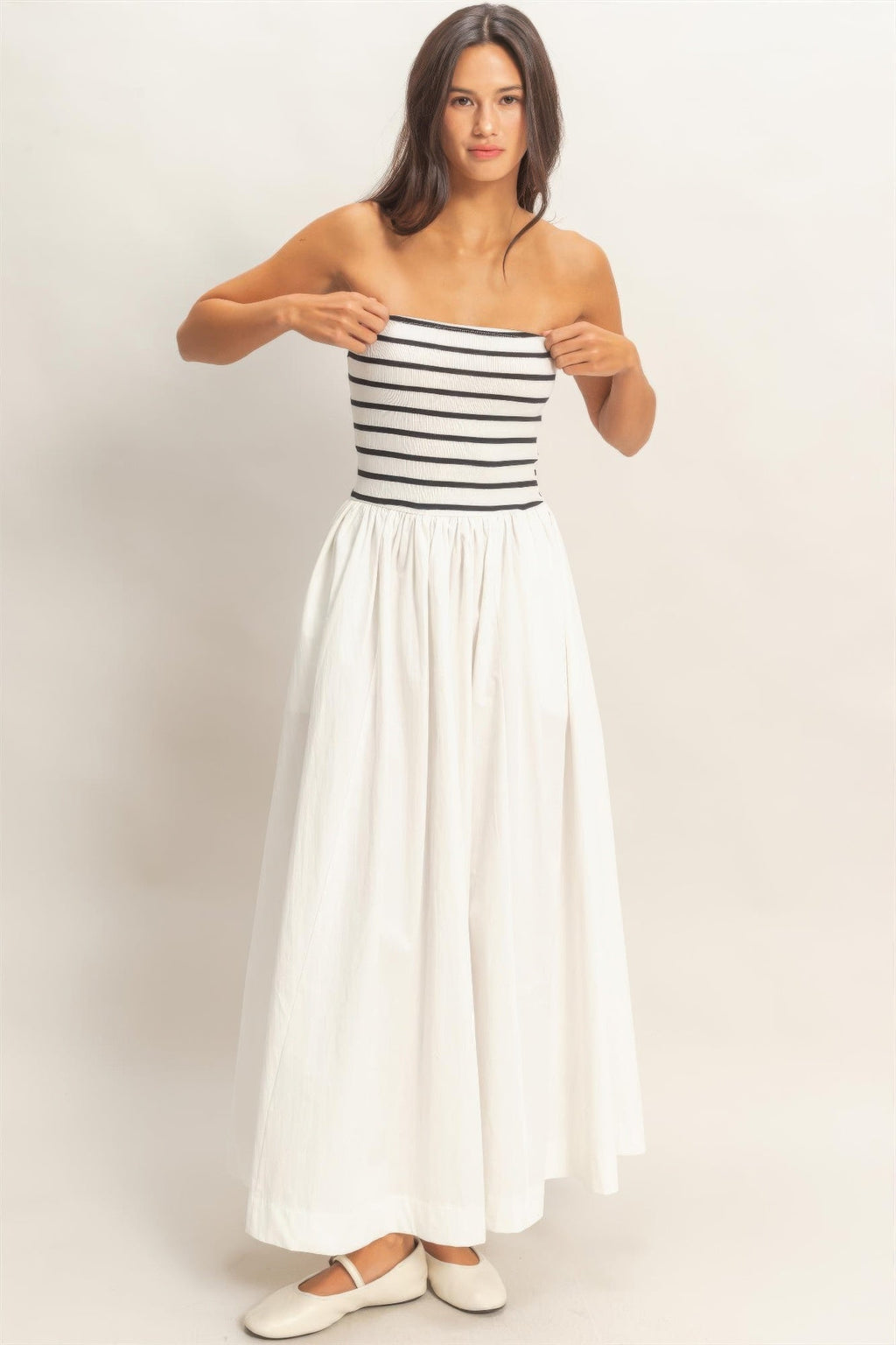 Striped Strapless Flowy Midi Dress