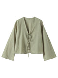 Cotton Linen Lace Up Bow Shirts Women Loose Hollow Out V Neck Long Sleeve Tops