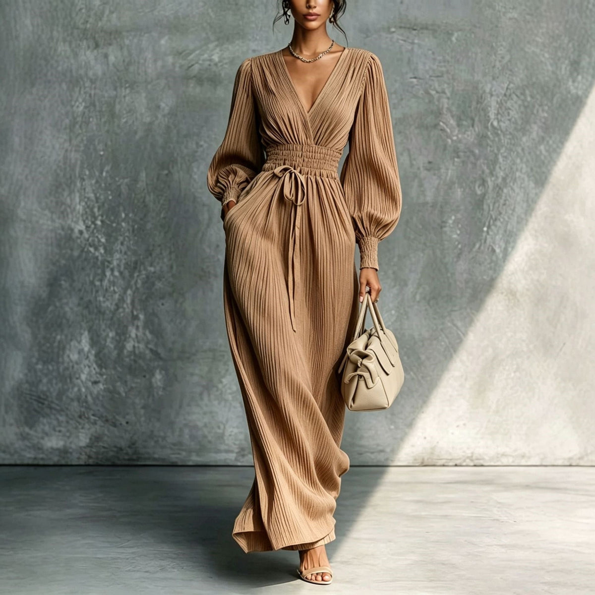 Women's Deep V-Neck Pleated Bishop Sleeve Smocked Waist Maxi Dress