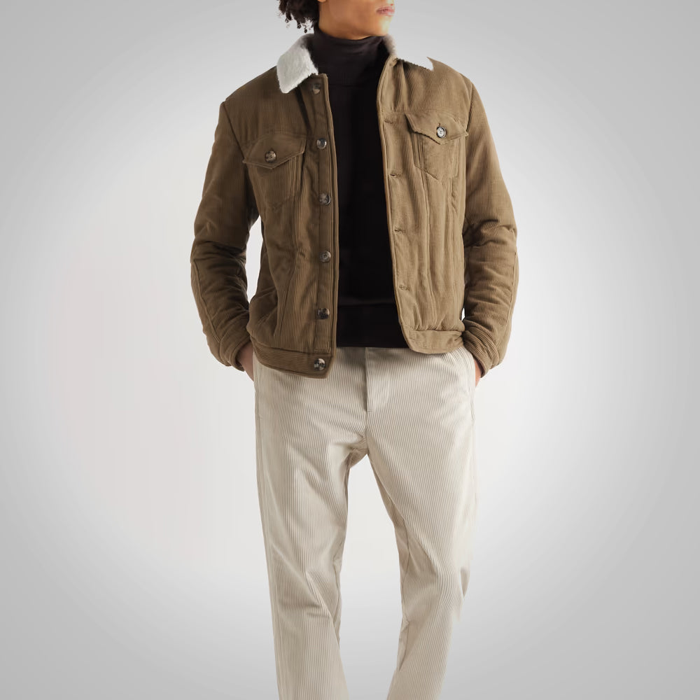 Dark Brown Shearling Collar Corduroy Jacket