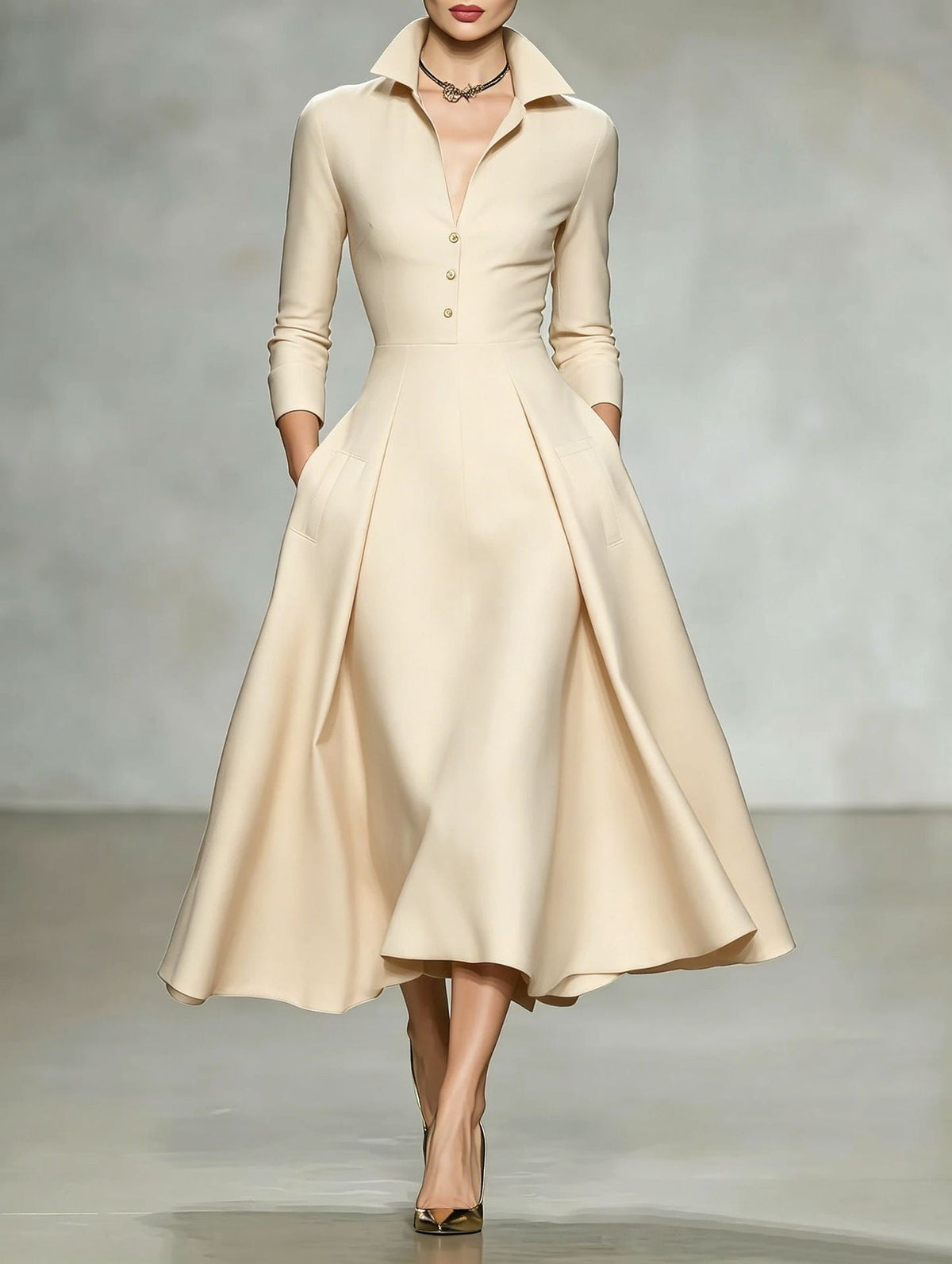 V-Neck Waist-Cinching Long Sleeve Midi Dress