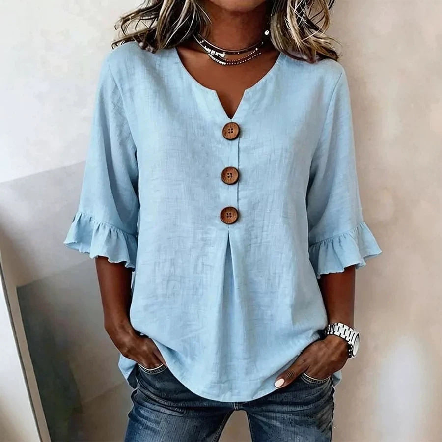 Women's V-Neck Button-Up Blouse — Summer Casual Top
