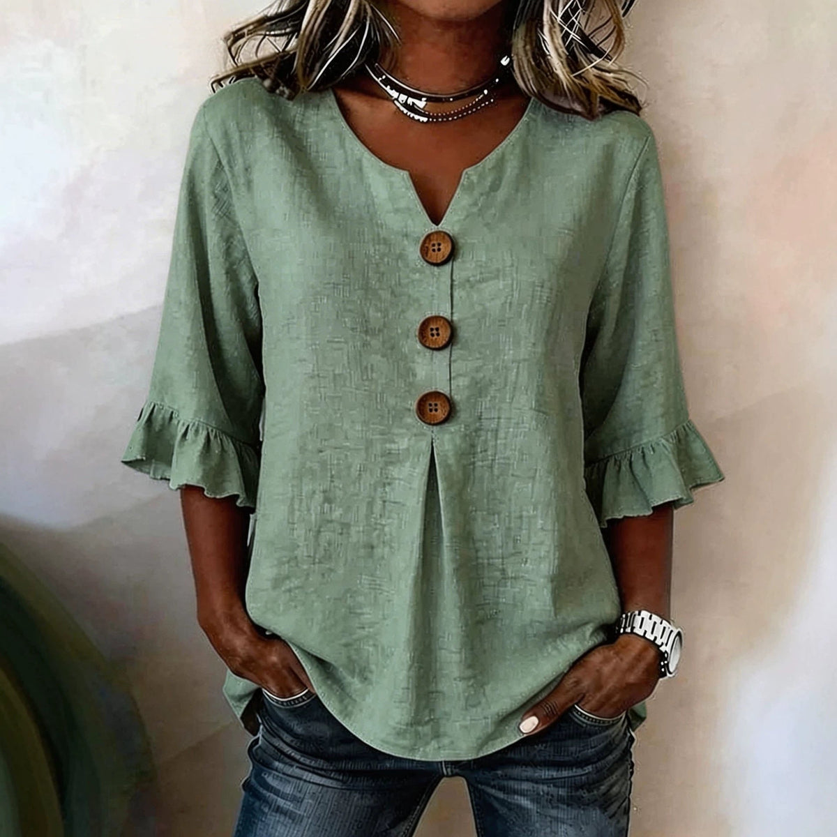 Women's V-Neck Button-Up Blouse — Summer Casual Top