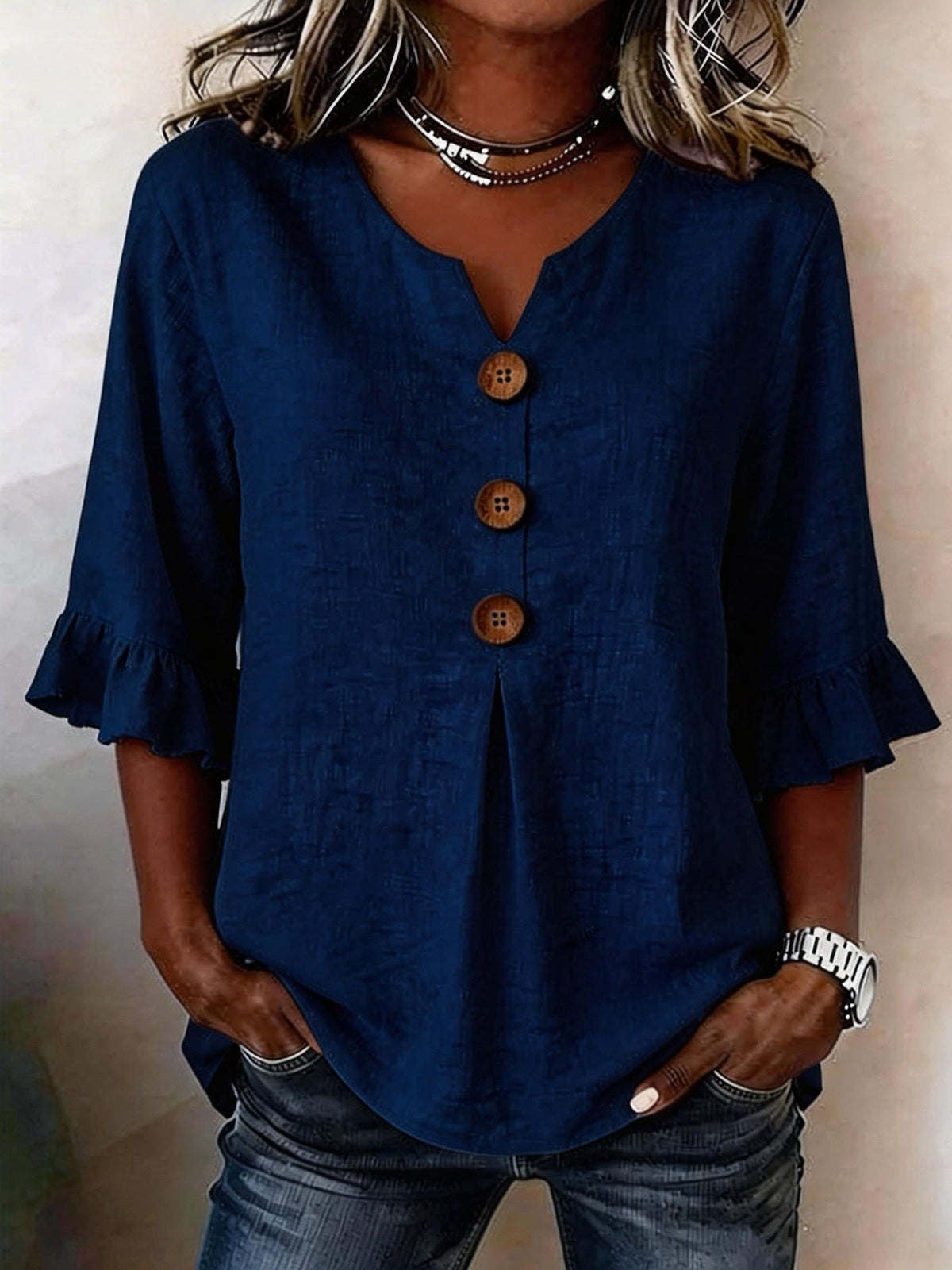 Women's V-Neck Button-Up Blouse — Summer Casual Top