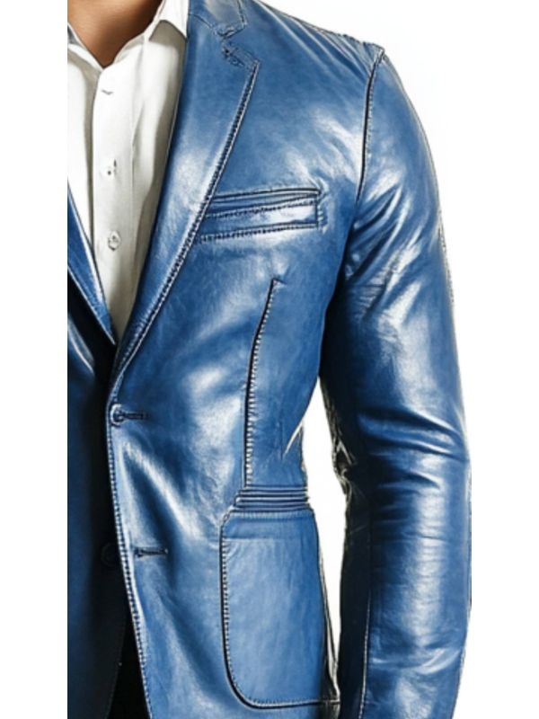 George Blue Leather Blazer for Men