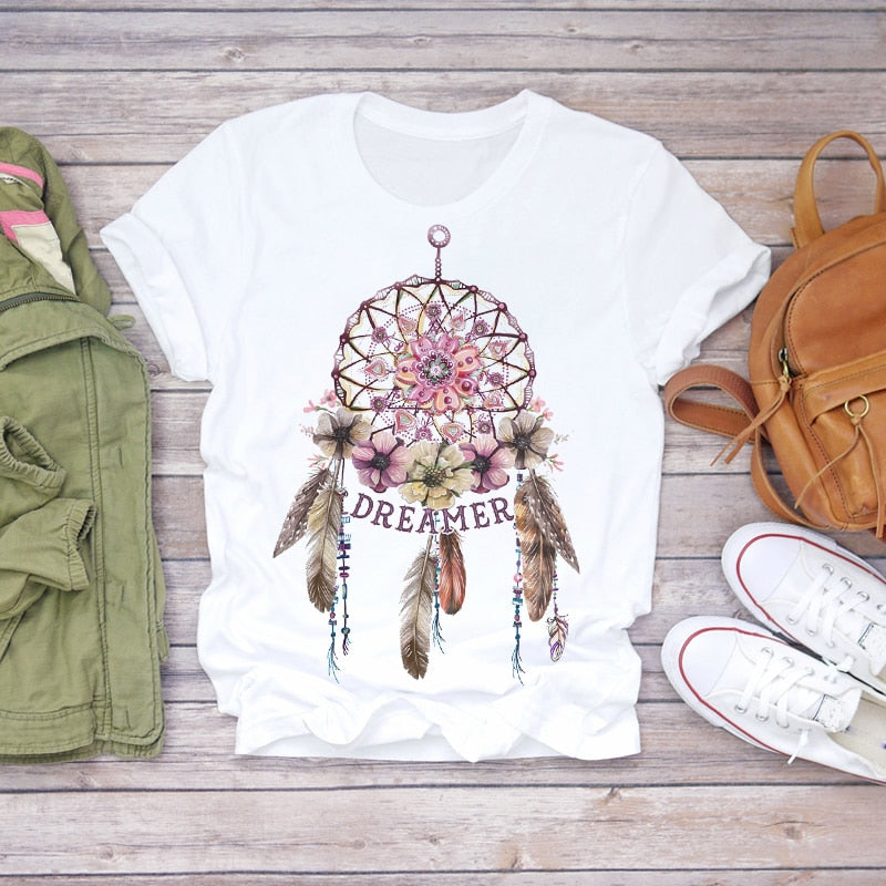 Dream Feather Print Summer Short Sleeve T-Shirts Top Graphic Plue Size
