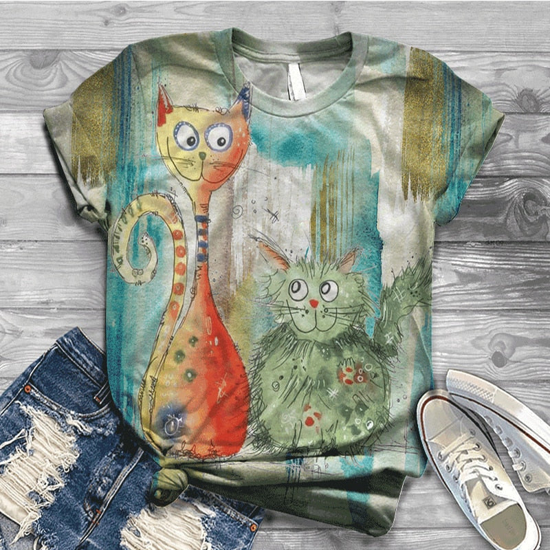 Women Summer Short Sleeve Digital 3D Cat Printed O-Neck Tops T Shirt Femme T-Shirts