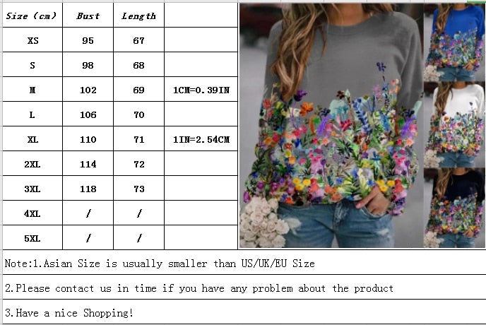Women's Flower Print Top Loose Long-sleeved Round Neck Sweater All-match T-shirt