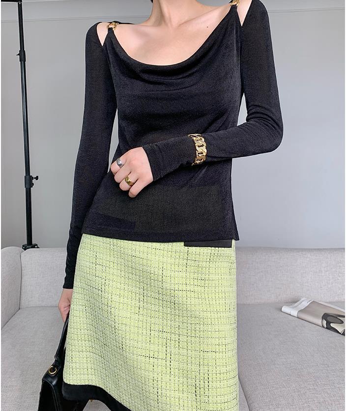 Sexy Swing Collar Cropped Tops Women Autumn  Metal Design Skinny Long Sleeve T-Shirt Outwear