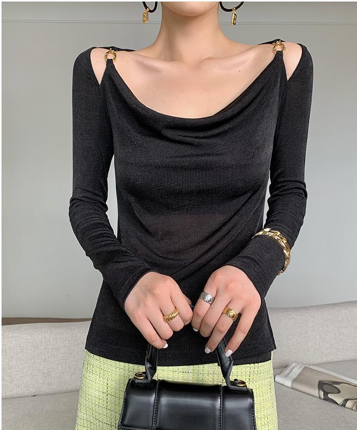 Sexy Swing Collar Cropped Tops Women Autumn  Metal Design Skinny Long Sleeve T-Shirt Outwear