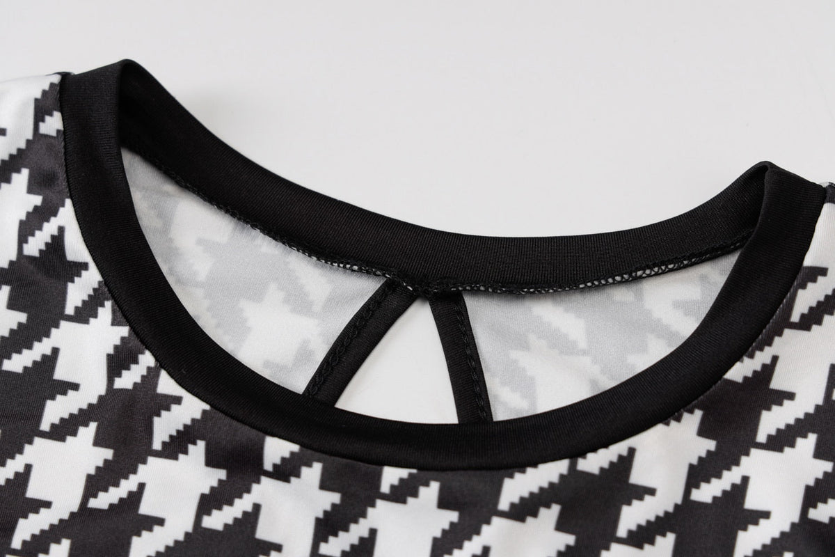 Houndstooth Print Women Long Sleeve Midi Dress Hollow Out Bodycon Streetwear