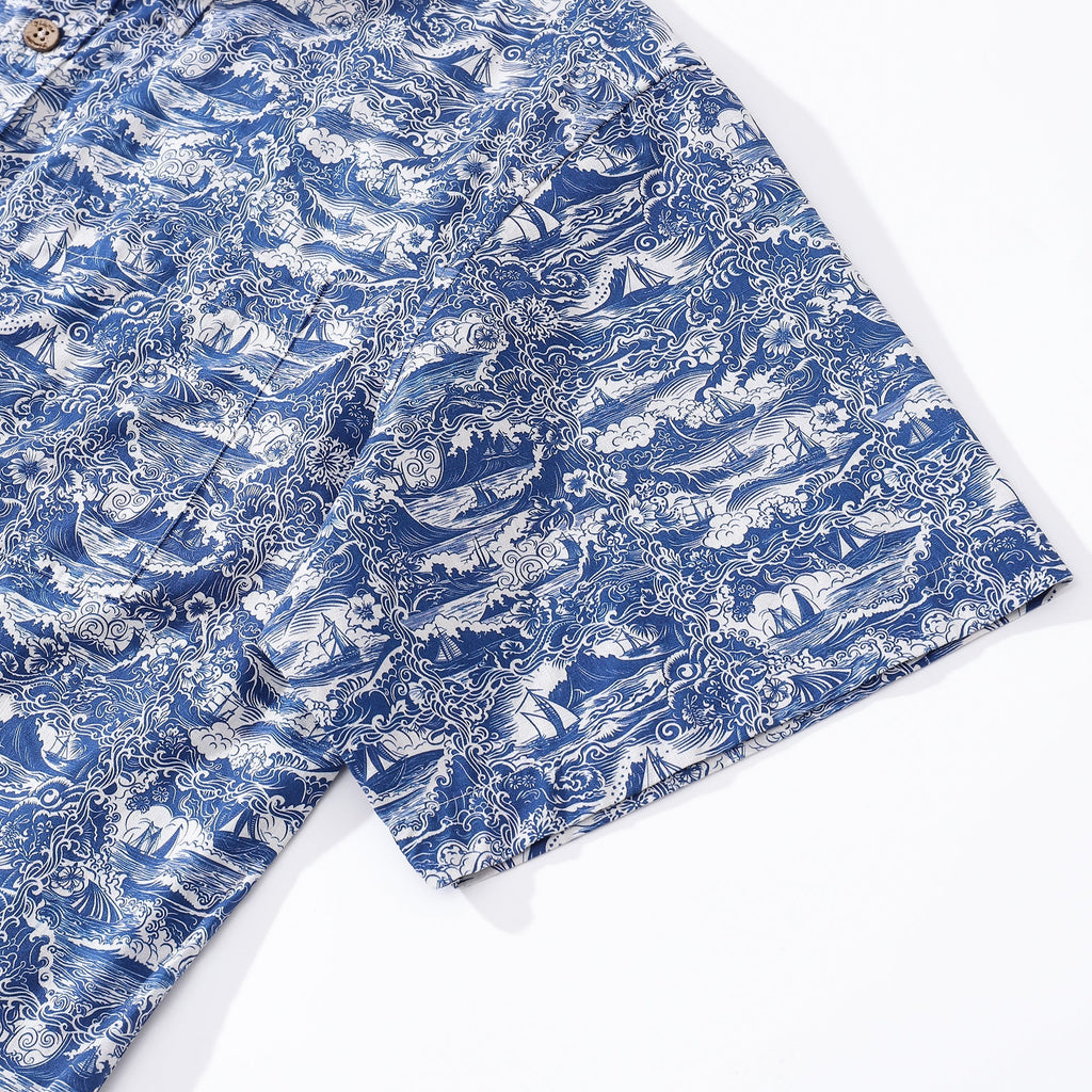 Men's Hawaiian Shirt Voyage of Discovery Print Cotton Button-down Short Sleeve Aloha Shirt By Amy