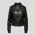 Black Women Aviator Sheepskin Shearling Motorbike Leather Bomber Jacket
