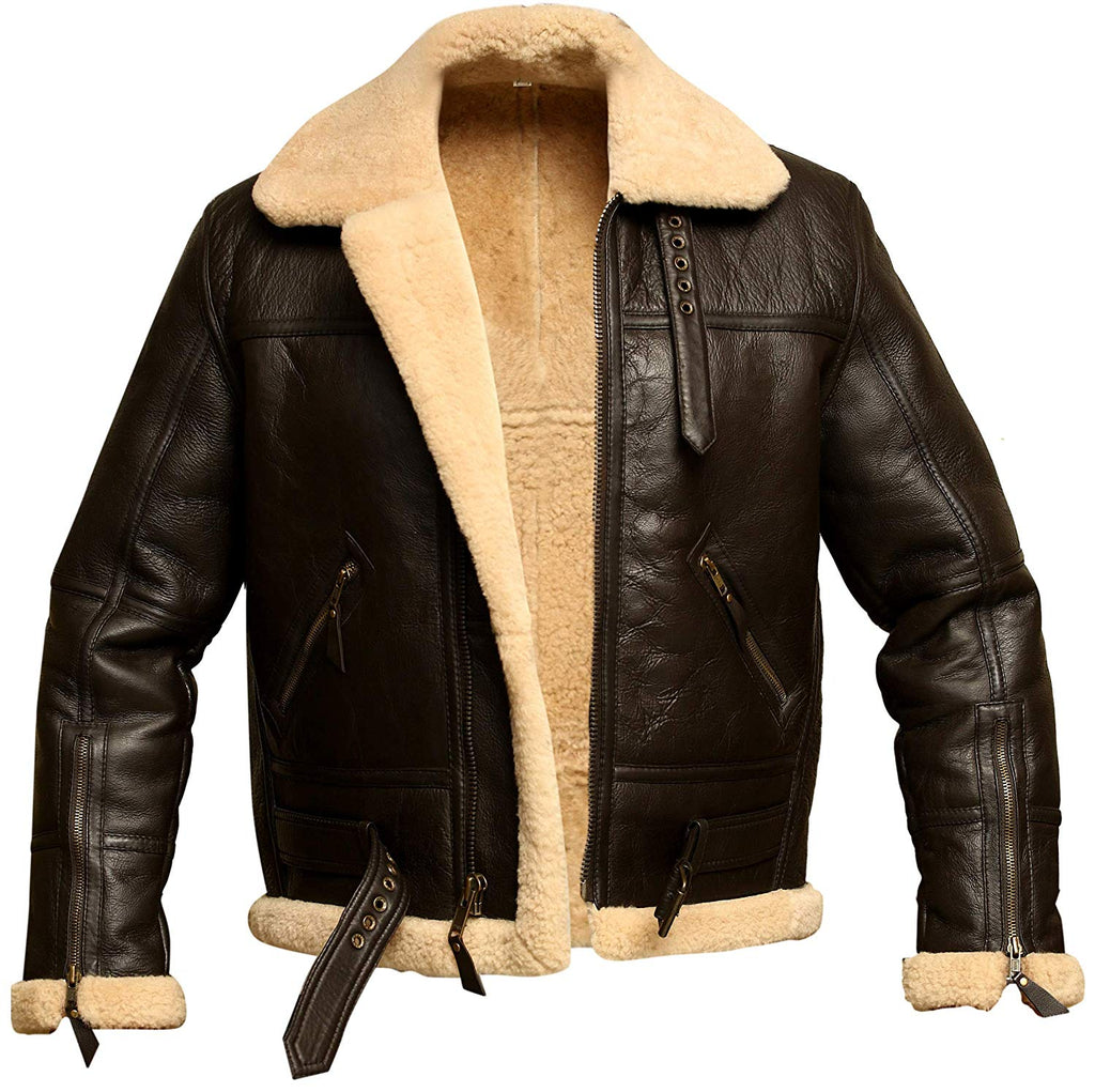 Men’s Brown B3 RAF Aviator Bomber Shearling Real Sheepskin Leather Jacket