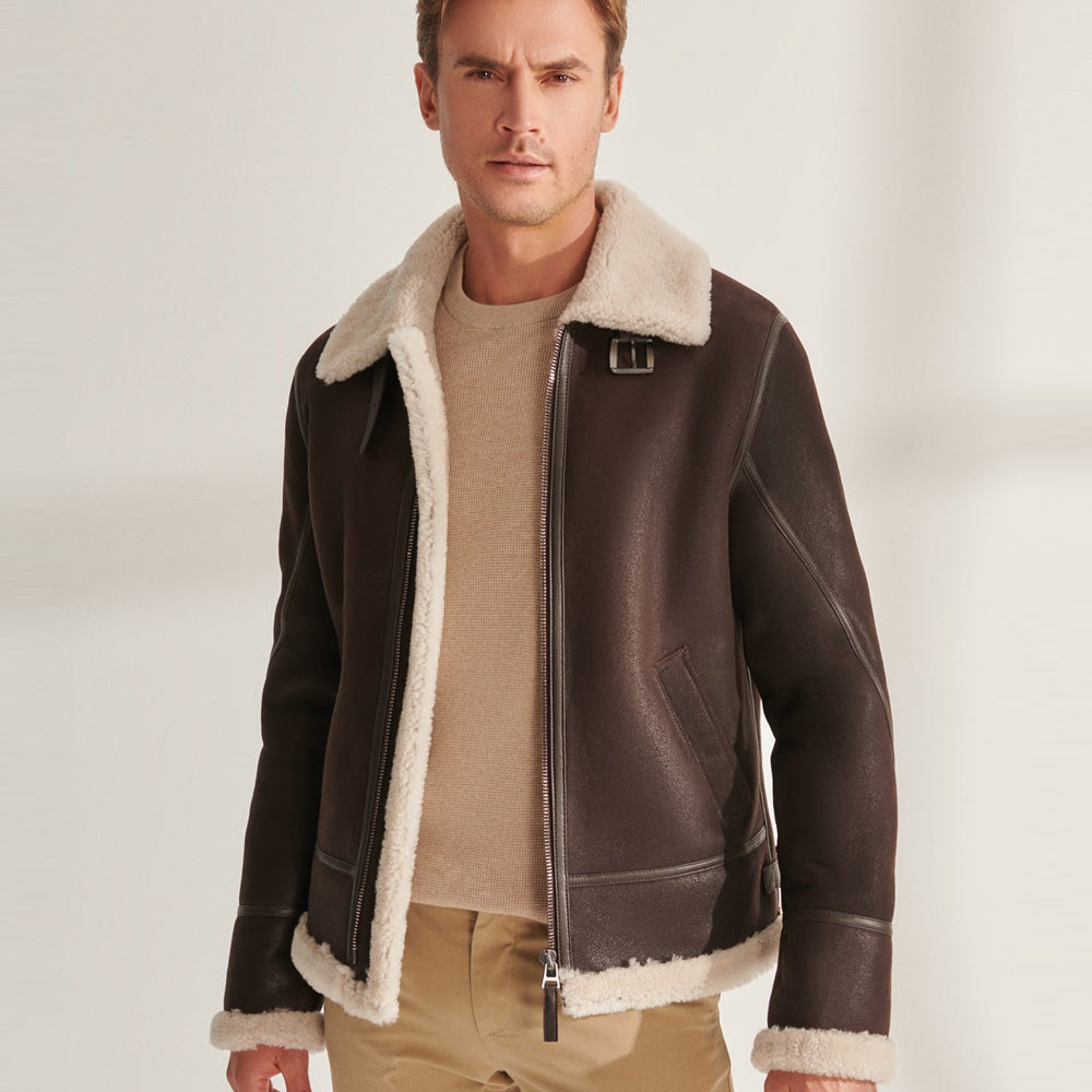 Men’s Brown Pilot Shearling Leather Aviator Jacket