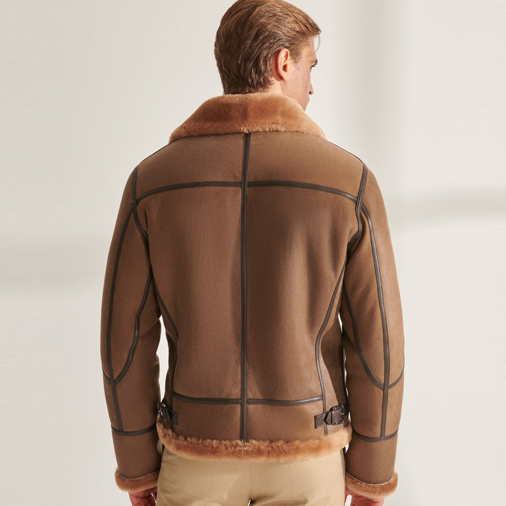 Men’s Camel Brown B3 Shearling Pilot Aviator Leather Jacket