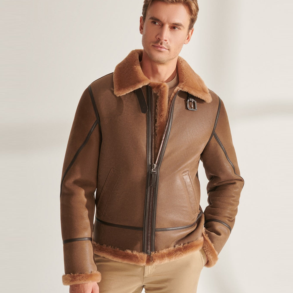 Men’s Camel Brown B3 Shearling Pilot Aviator Leather Jacket