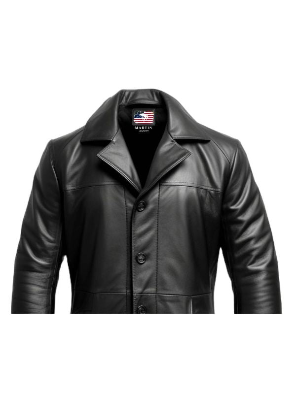Men’s Flap Pocket Black Leather Coat