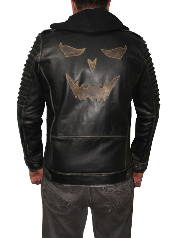 Men Hooded Distressed Ghost Leather Jacket – Black