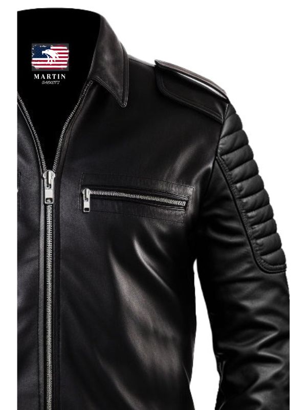 Men Slim-fit Rider Black Leather Flap Pocket Jacket