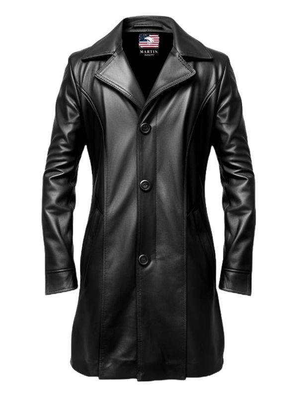 Men’s Stylish Black Long Leather Coat