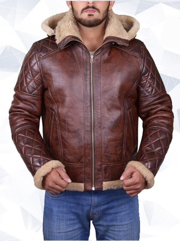 Men’s Brown Shearling Jacket with Hoodie