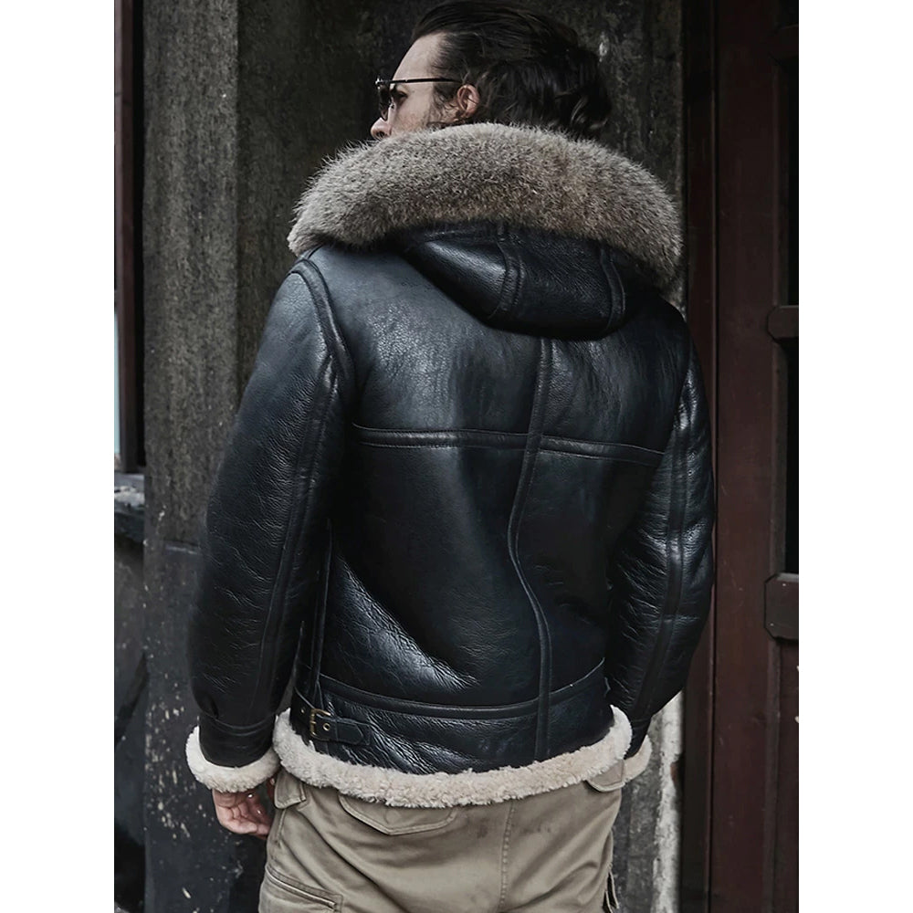 Men’s Hooded RAF Aviator B3 Sheepskin Black Shearling Jacket