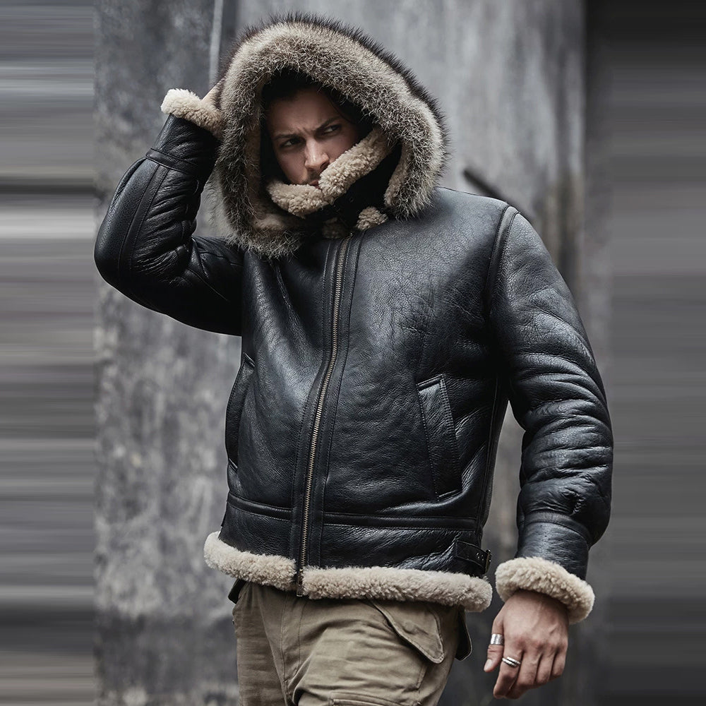 Men’s Hooded RAF Aviator B3 Sheepskin Black Shearling Jacket