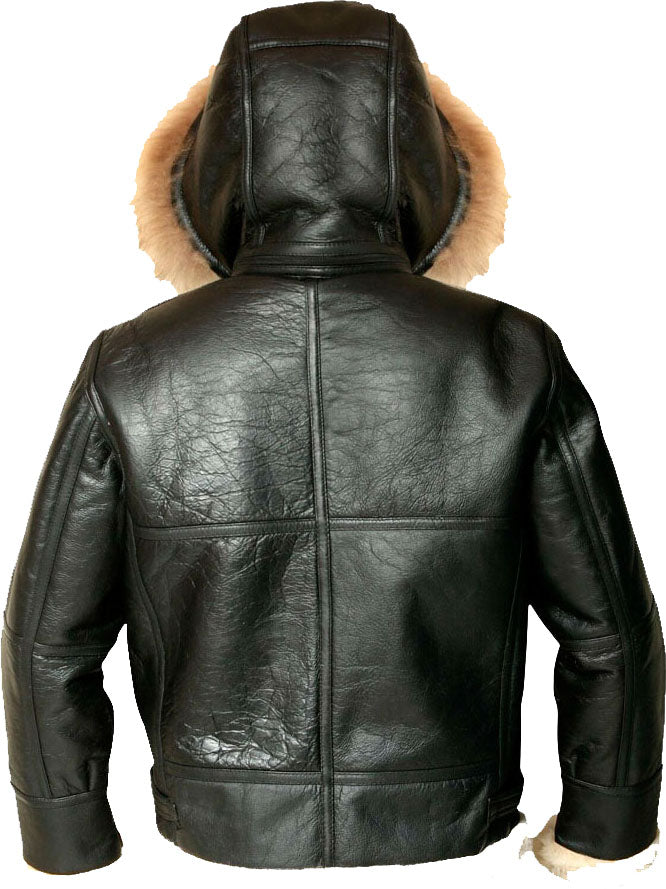 Men’s Hooded Flight Bomber Leather Jacket With Fur