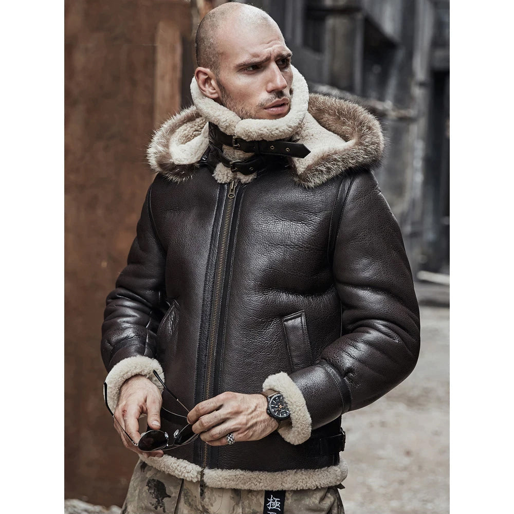 Men’s Brown Hooded B3 RAF Aviator Sheepskin Shearling Leather Jacket