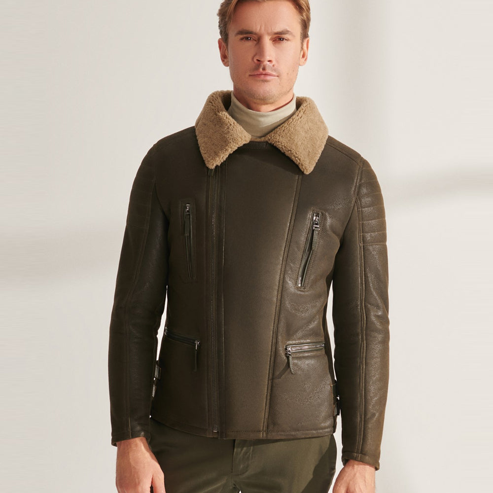 Men’s Green RAF Shearling Airforce Sheepskin Aviator Leather Jacket