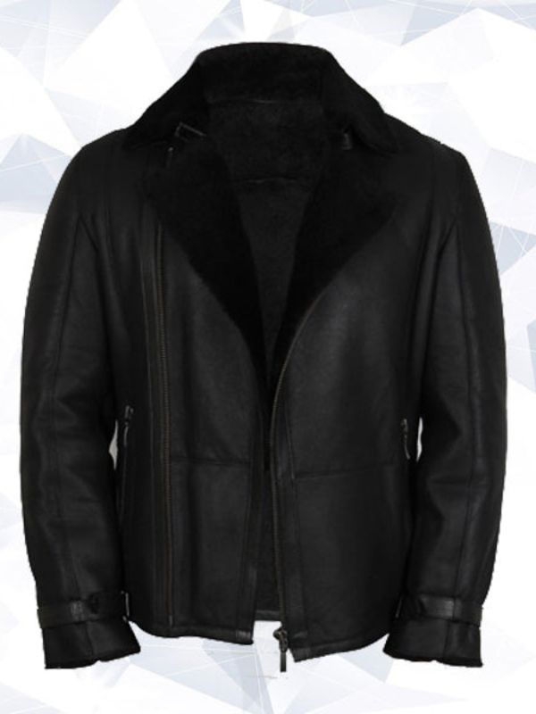 Men’s Luxury Double Aviator Black Real Shearling Sheepskin Leather Flying Jacket