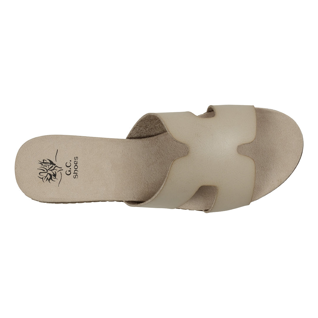 GC Shoes Women's Nellie Beige Cut-Out Slide Flat Sandals in Vegan Leather and Slip on Design